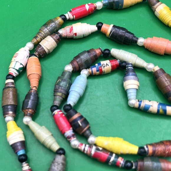 Handmade Rolled Paper Bead Necklace Long Continuous Strand Upcycled Bohemian - Picture 6 of 10